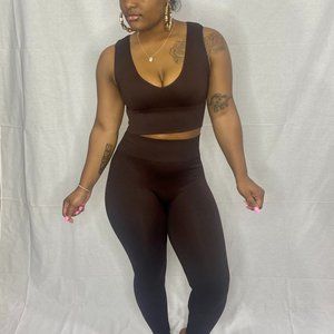 Joni Chocolate Ribbed Pants Set with Plunge V-Neckline Top